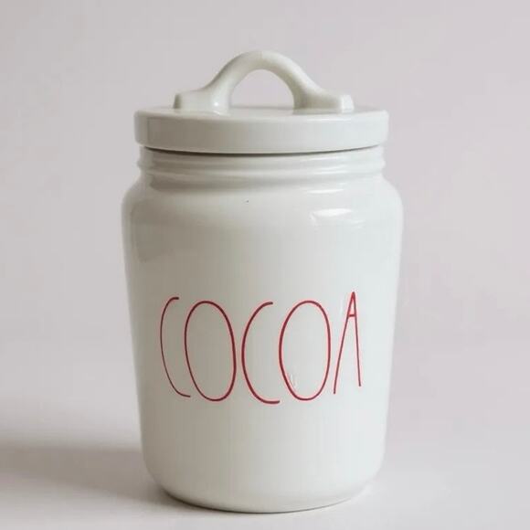 Rae Dunn Tops - Rae Dunn small Cocoa canister white with red Christmas